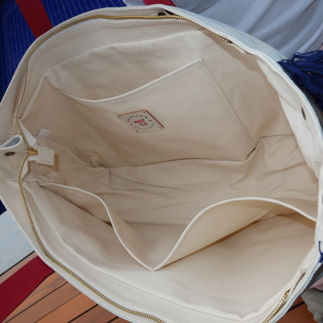 Bolsa Wallow Azul com Alça de Couro Rosa com Zíper