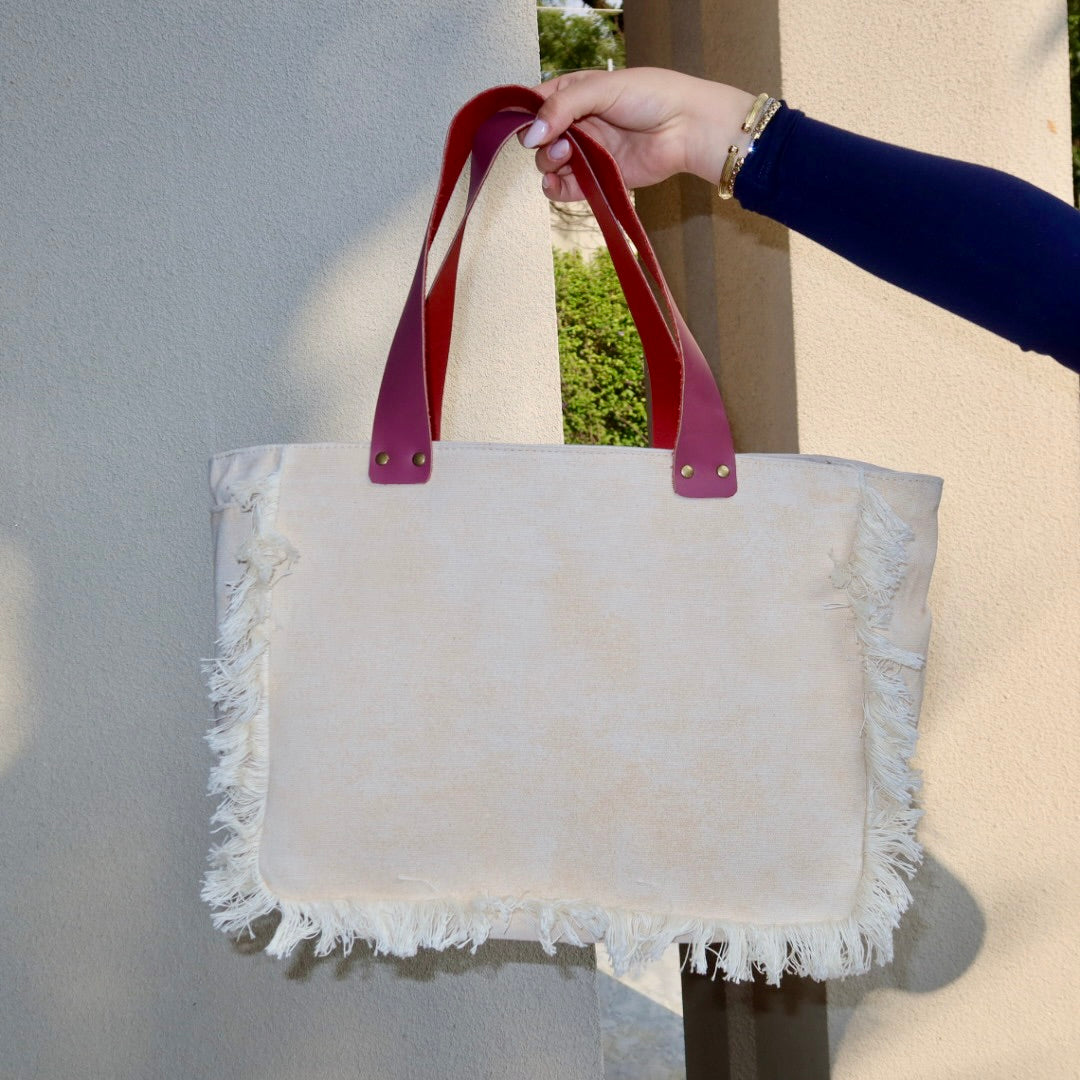 Bolsa Nuna Bege com Alças de Couro Rosa Escuro