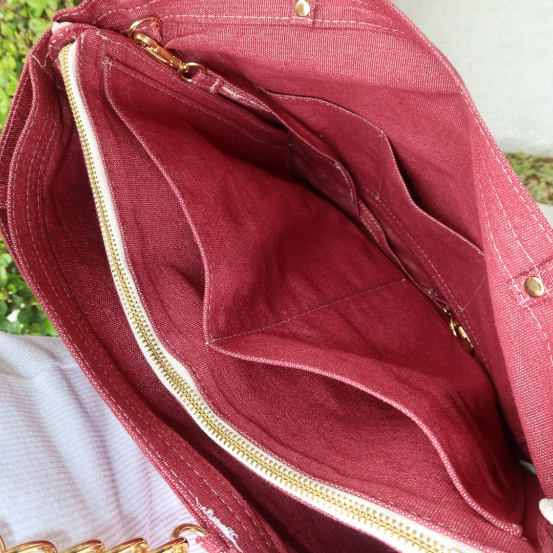 Bolsa Katrin Vinho com Alças de Corrente e Couro Marrom e Vinho