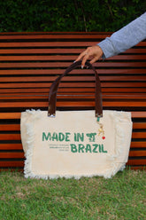 Bolsa Nuna Bege com Alças de Couro Marrom Vinil