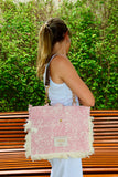 Bolsa Katrin Arabesque Rosa com Alças de Corrente e Couro Marrom Escuro