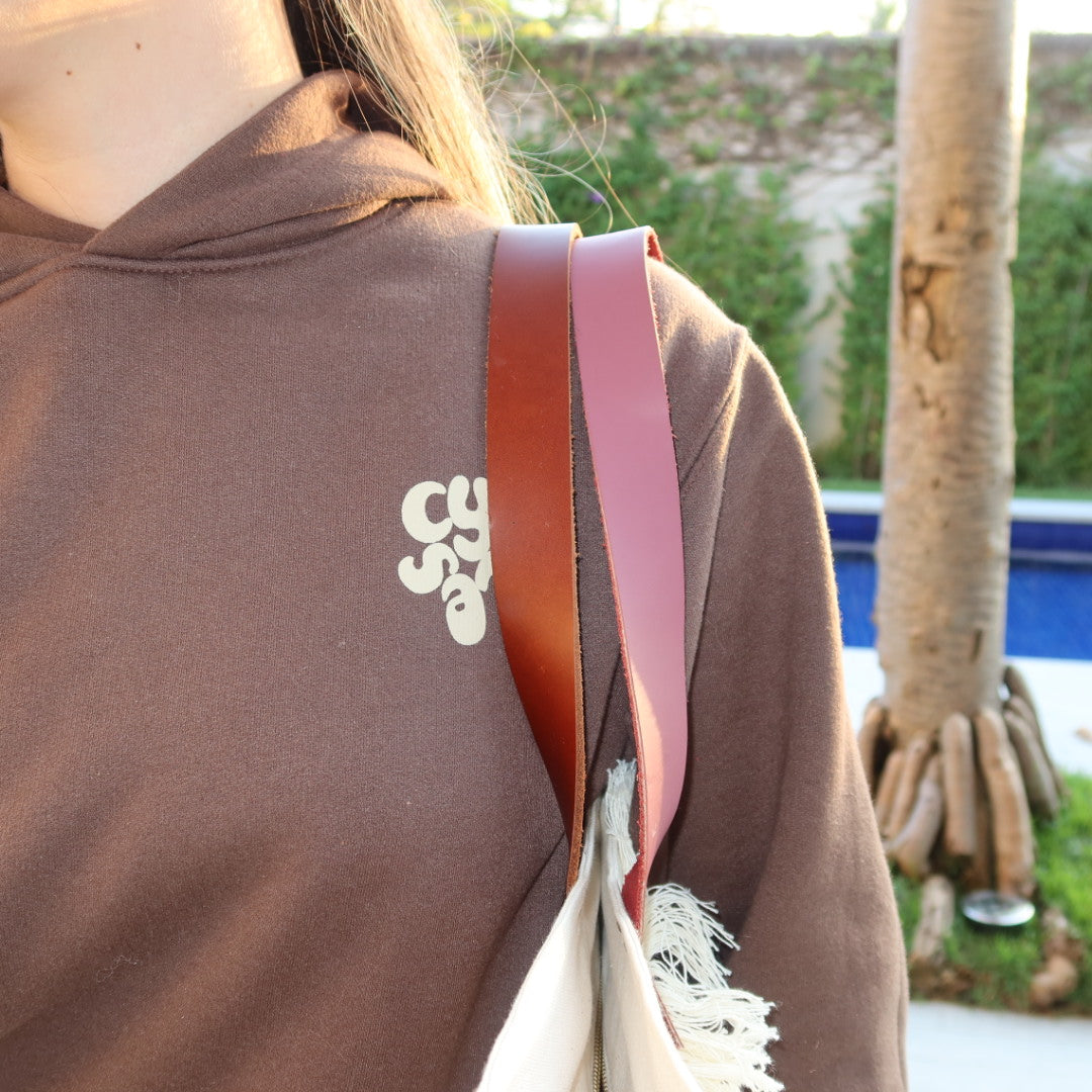 Bolsa Wallow Good Vibes Rosa com Alça de Couro Rosa Escuro e Marrom com Zíper