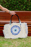 Bolsa Wallow Good Vibes Azul com Alça de Couro Prata com Zíper