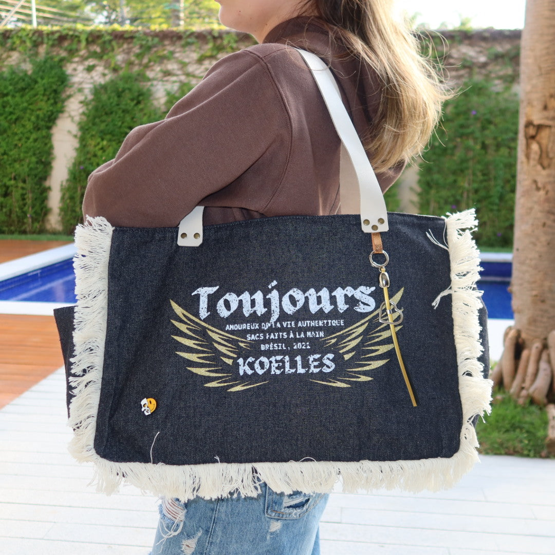 Bolsa Wallow Jeans Escuro com Alça de Couro Off White