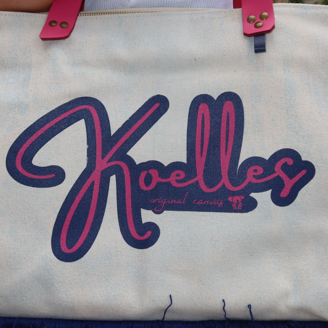 Bolsa Wallow Azul com Alça de Couro Rosa com Zíper