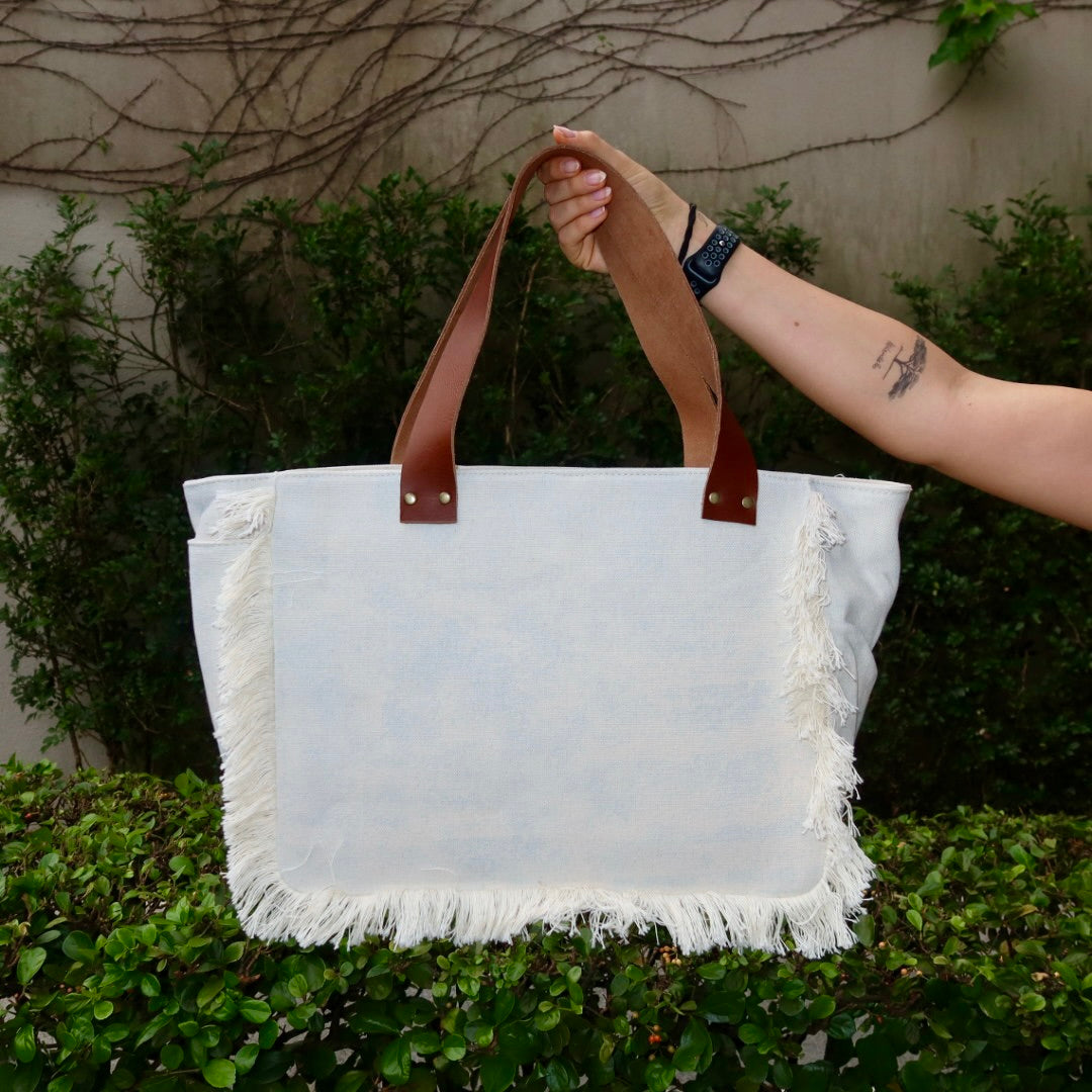 Bolsa Nuna Azul com Alças de Couro Marrom