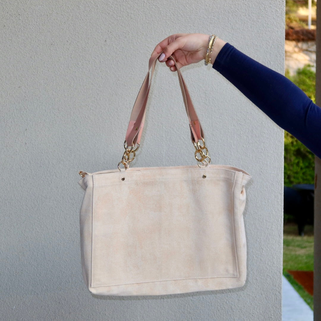 Bolsa Katrin Bege com Alças de Corrente e Couro Rosa