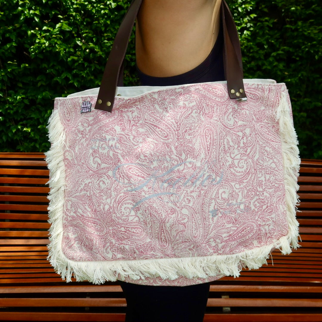 Bolsa Wallow Arabesque Rosa com Alça de Couro Marrom Escuro