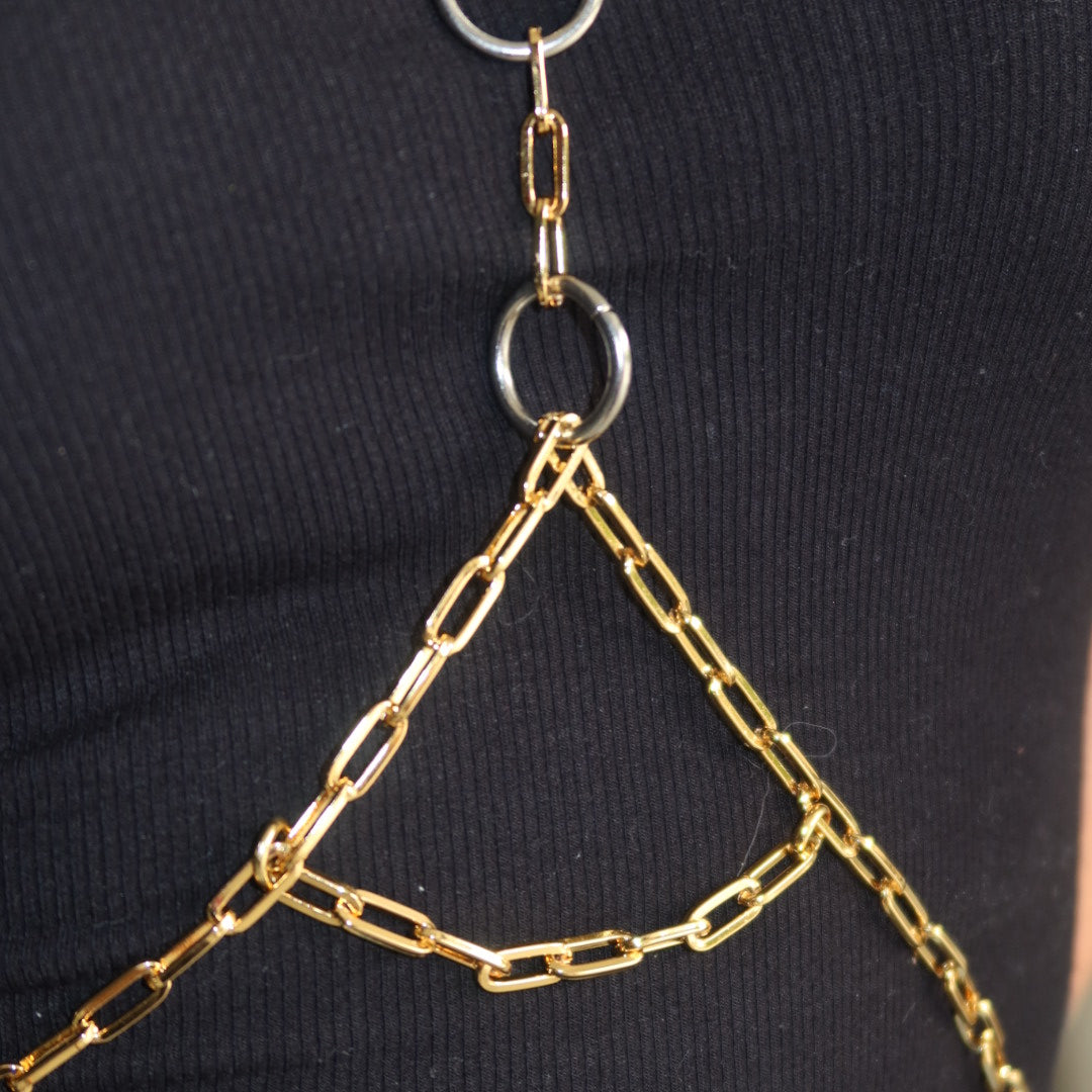 Body Chain Dourado com Círculos Prata