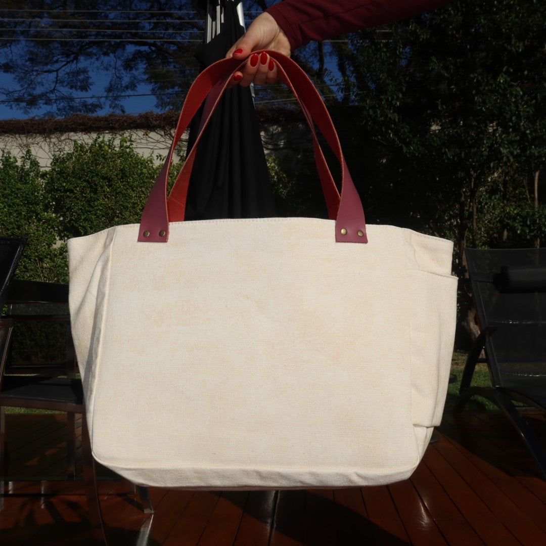 Bolsa Nuna Bege com Alças de Couro Rosa Escuro