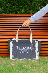 Bolsa Nuna Jeans Preto com Alças de Couro Off White com Zíper