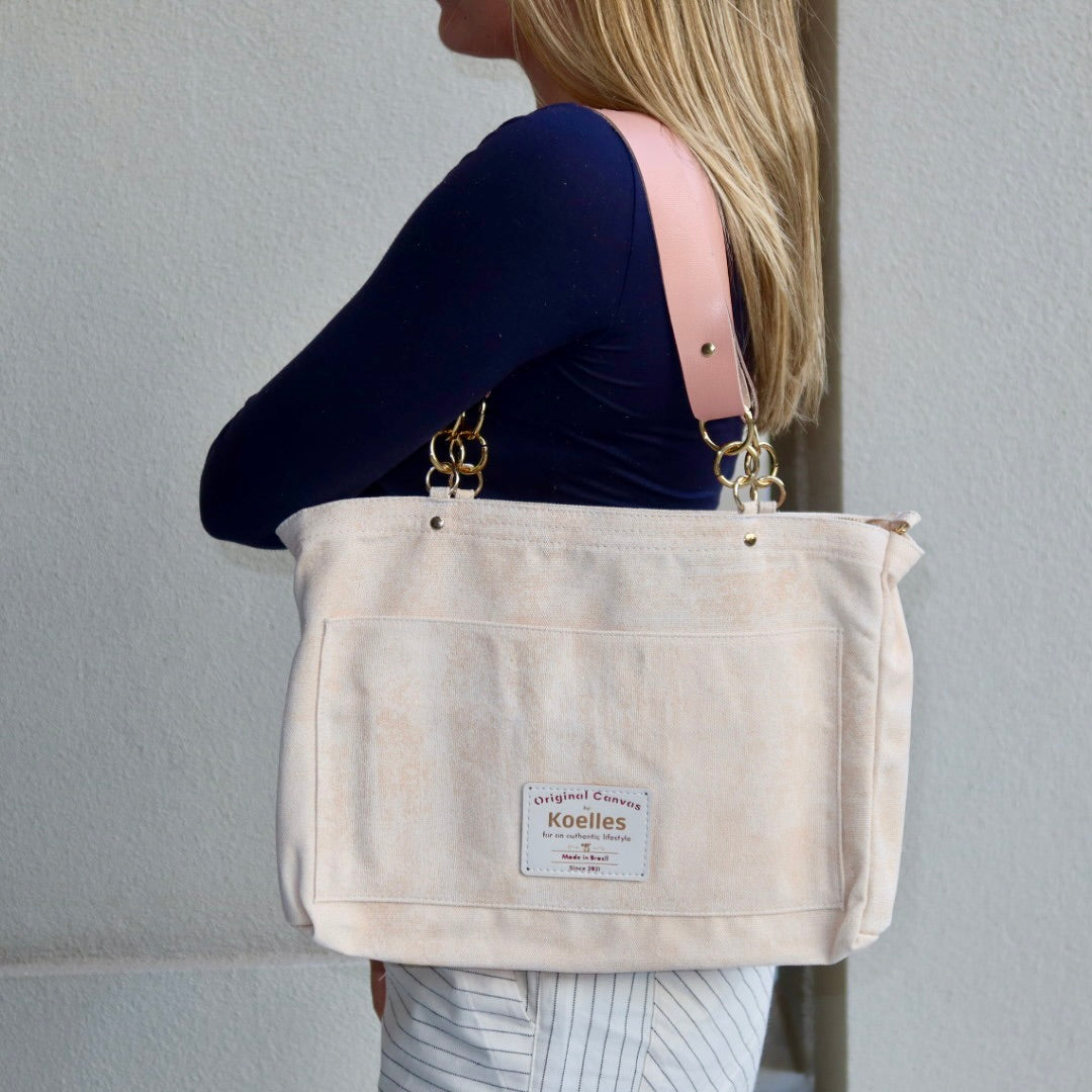 Bolsa Katrin Bege com Alças de Corrente e Couro Rosa