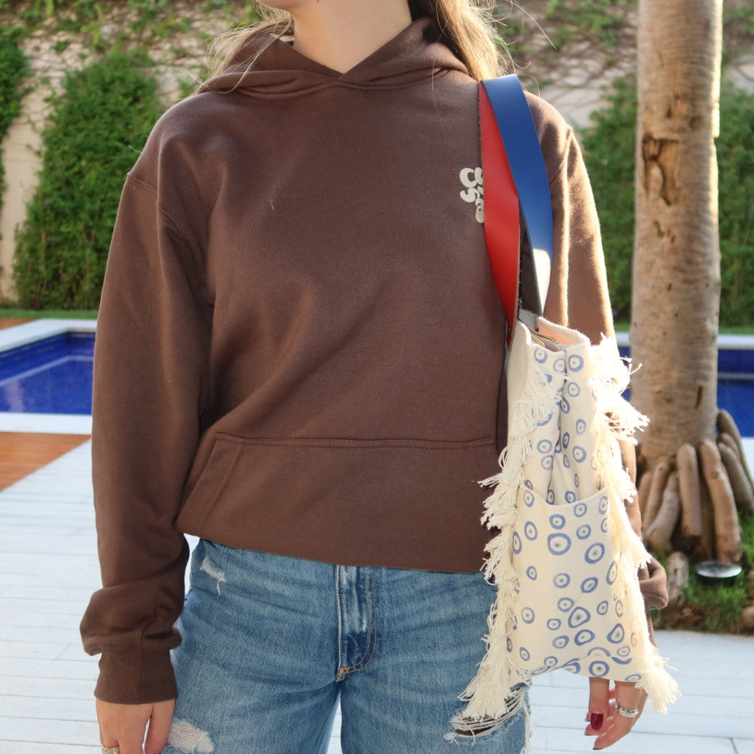 Bolsa Wallow Good Vibes Azul com Alça de Couro Azul e Vermelho com Zíper