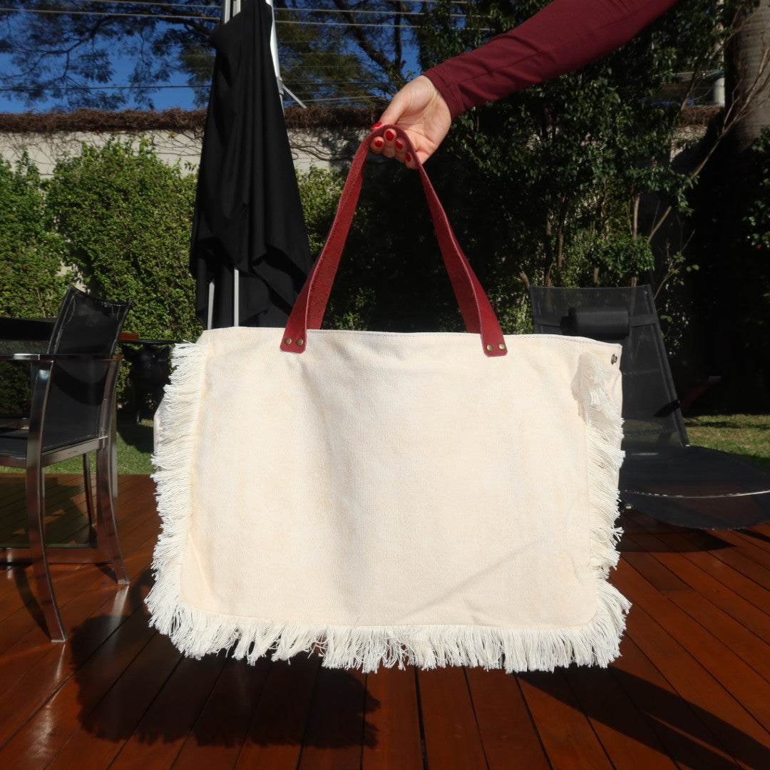 Bolsa Wallow Bege com Alça de Couro Vermelho com Zíper