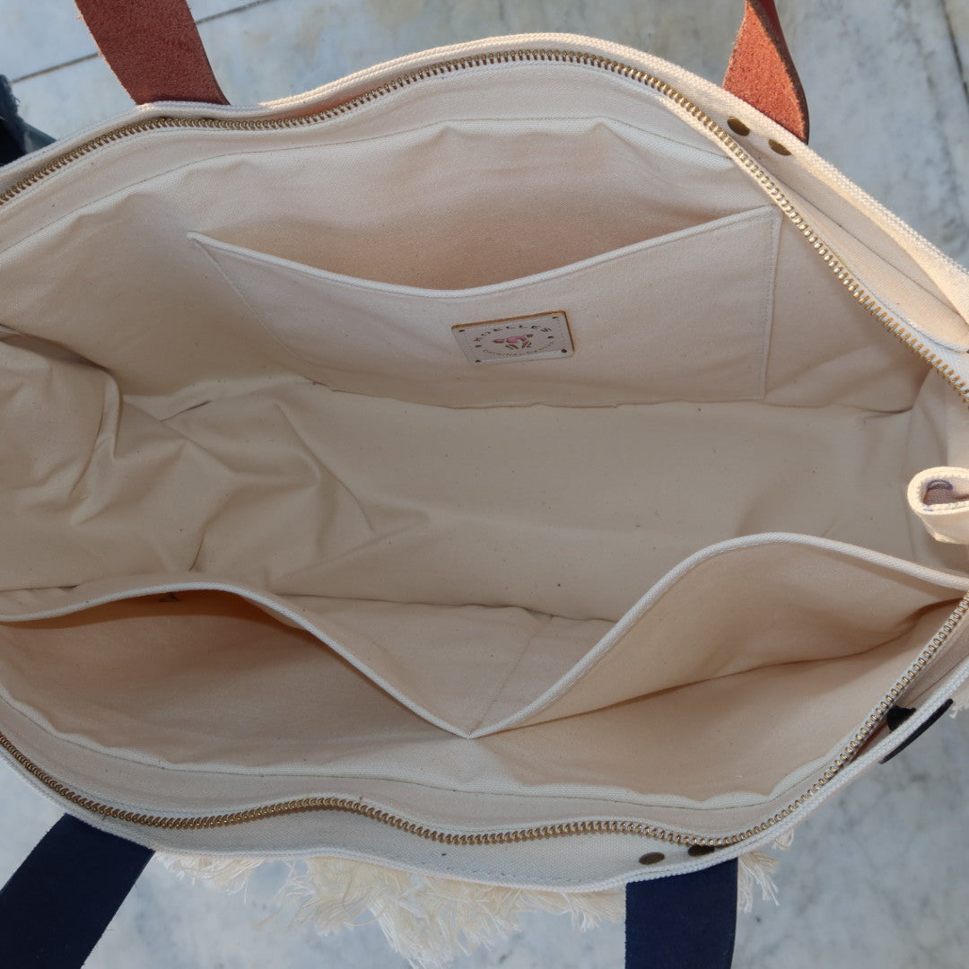 Bolsa Wallow Good Vibes Azul com Alça de Couro Azul e Vermelho com Zíper