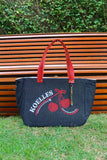 Bolsa Nuna Jeans Preto com Alças de Couro Vermelho