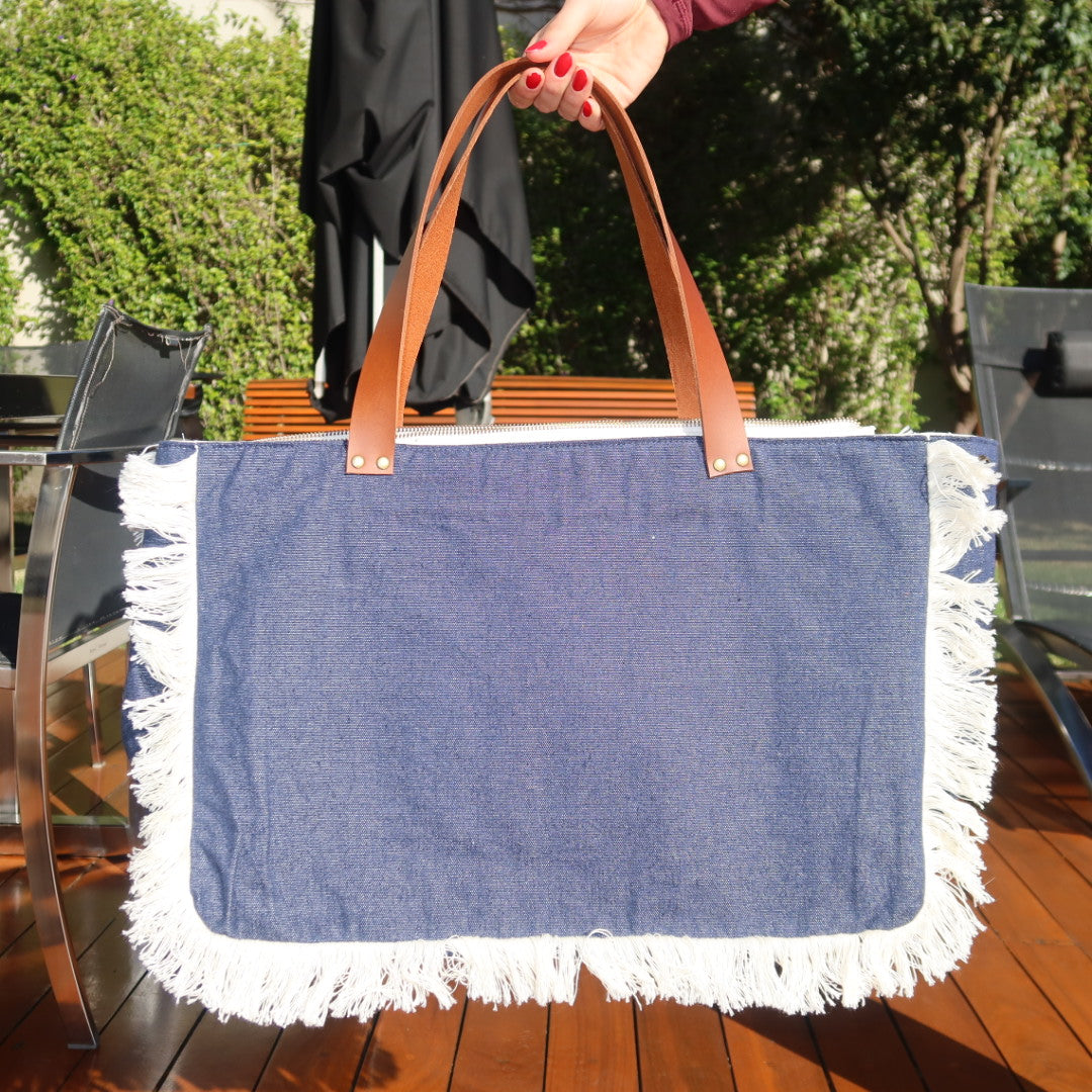 Bolsa Wallow Jeans Escuro com Alça de Couro Marrom com Zíper