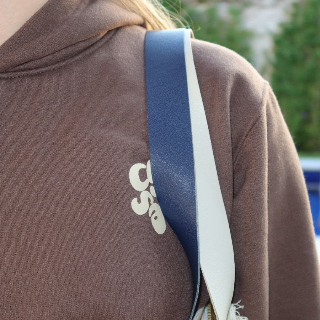 Bolsa Wallow Good Vibes Azul com Alça de Couro Off White e Marinho com Zíper