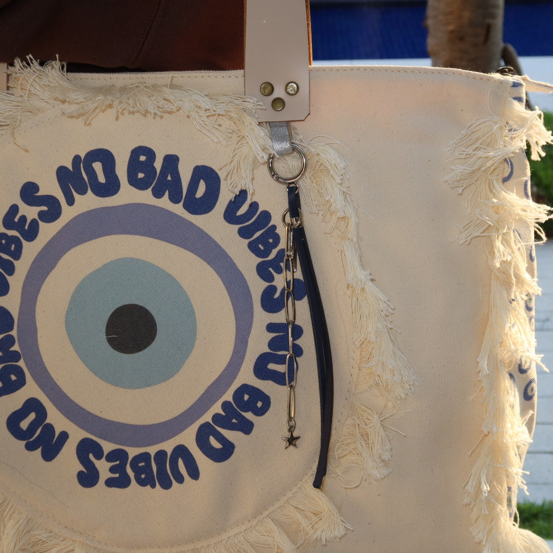 Bolsa Wallow Good Vibes Azul com Alça de Couro Off White com Zíper