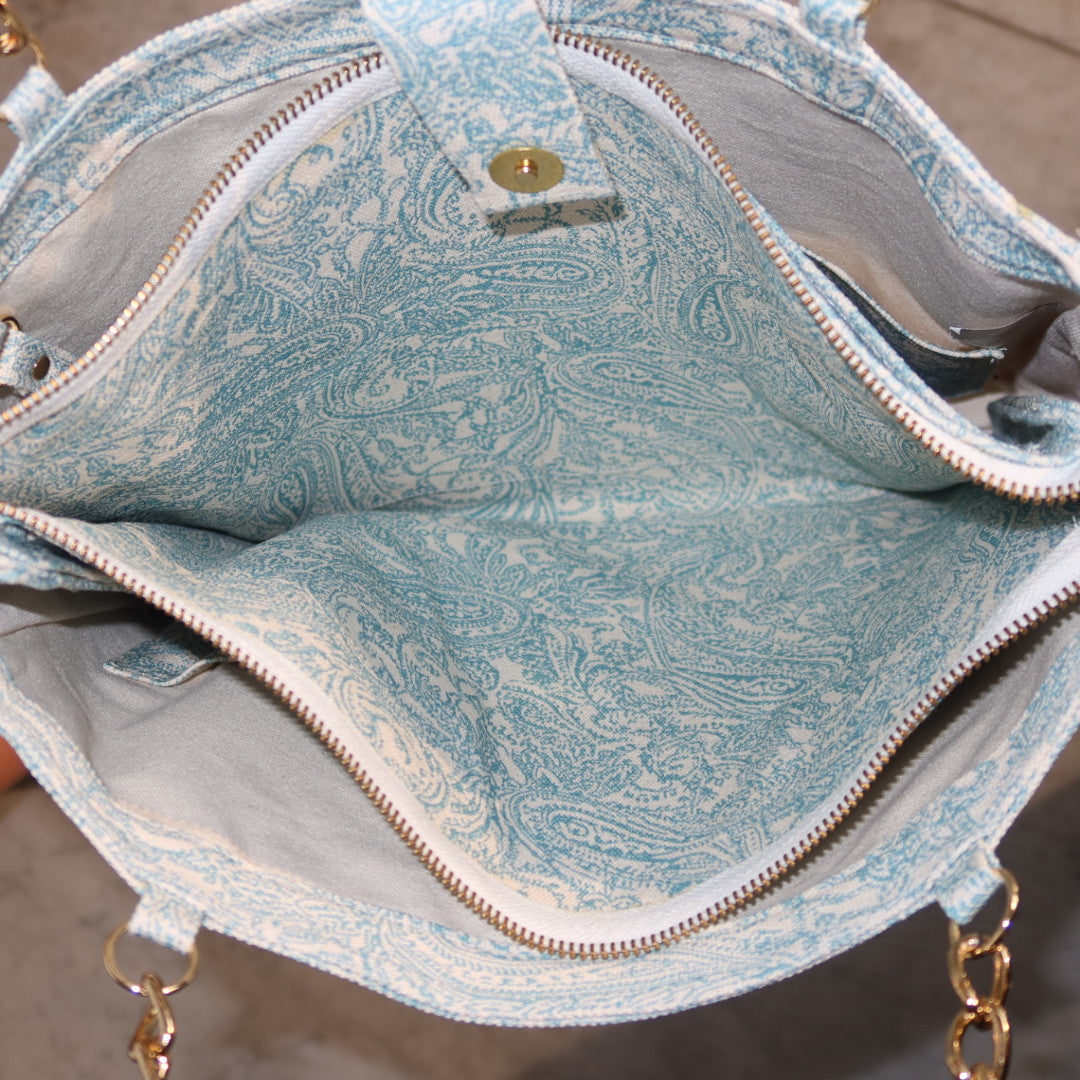 Bolsa Katrin Arabesque Turquesa com Alças de Corrente e Couro Bronze