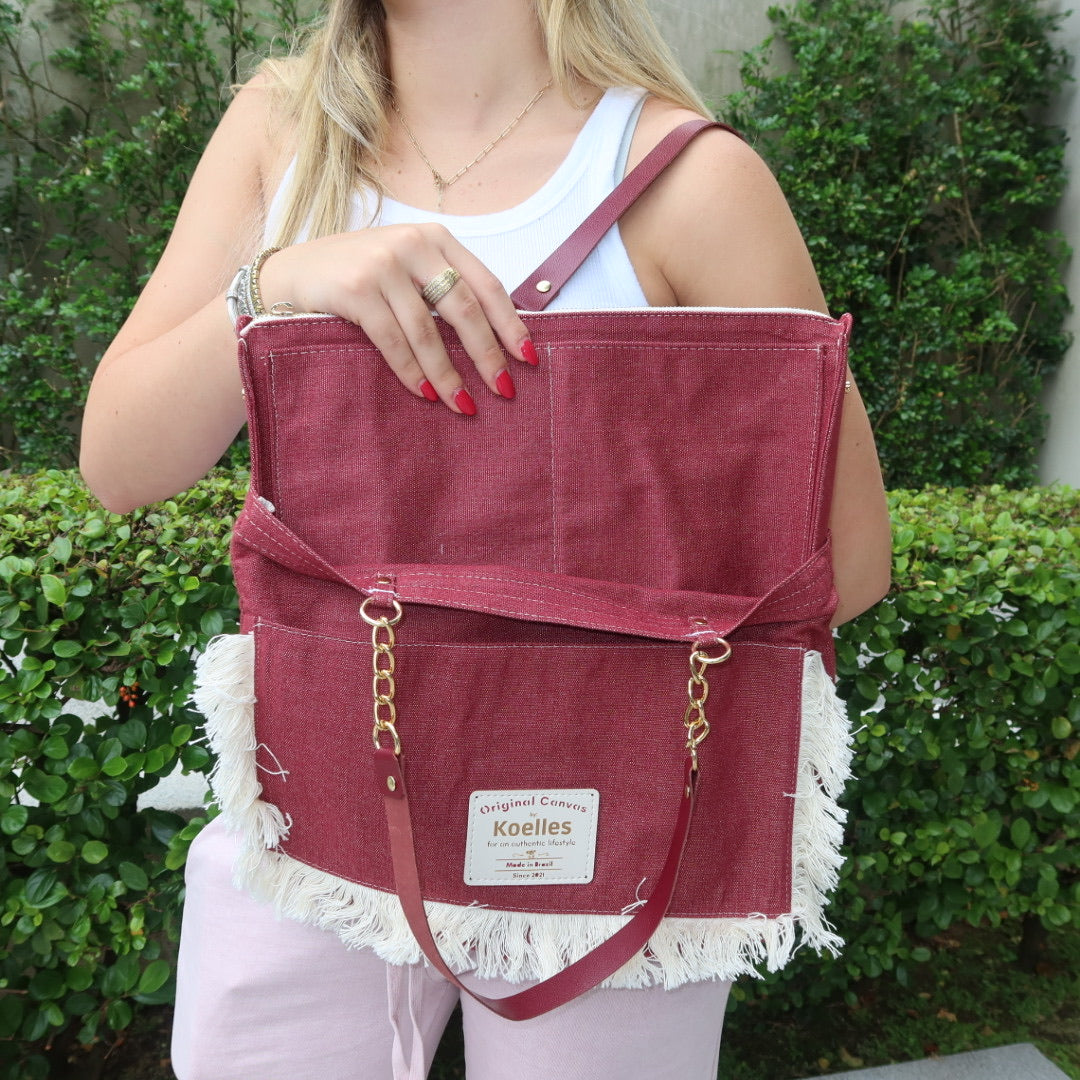 Bolsa Katrin Vinho com Alças de Corrente e Couro Marrom e Vinho