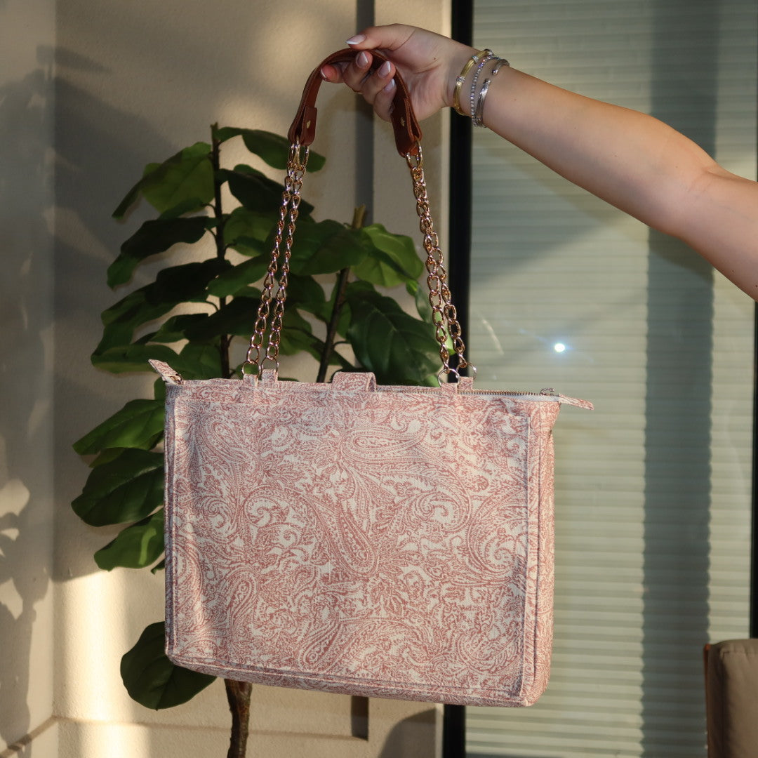 Bolsa Katrin Arabesque Terracota com Alças de Corrente e Couro Marrom