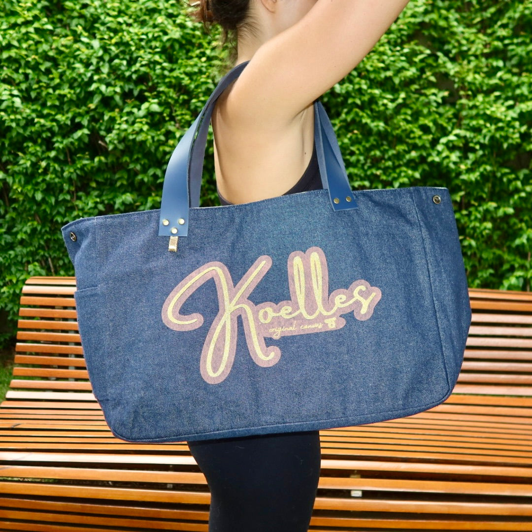 Bolsa Wallow Jeans Escuro com Alça de Couro Marinho