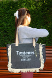 Bolsa Nuna Jeans Preto com Alças de Couro Off White com Zíper