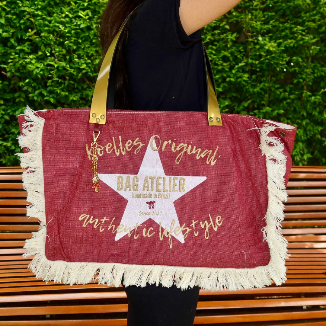 Bolsa Wallow Vinho com Alça de Couro Dourado com Zíper