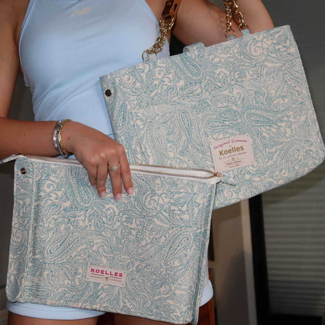 Bolsa Katrin Arabesque Turquesa com Alças de Corrente e Couro Bronze