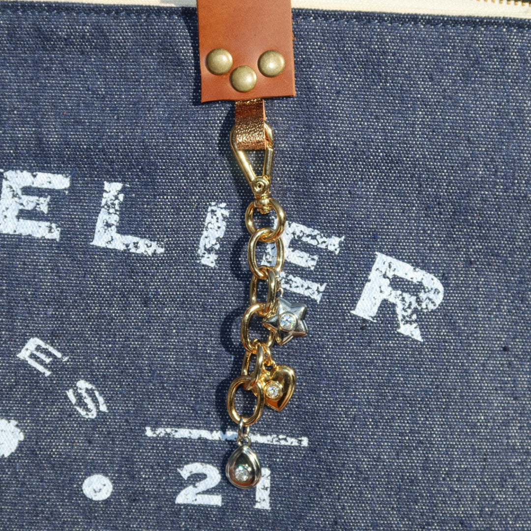 Bolsa Wallow Jeans Escuro com Alça de Couro Marrom com Zíper