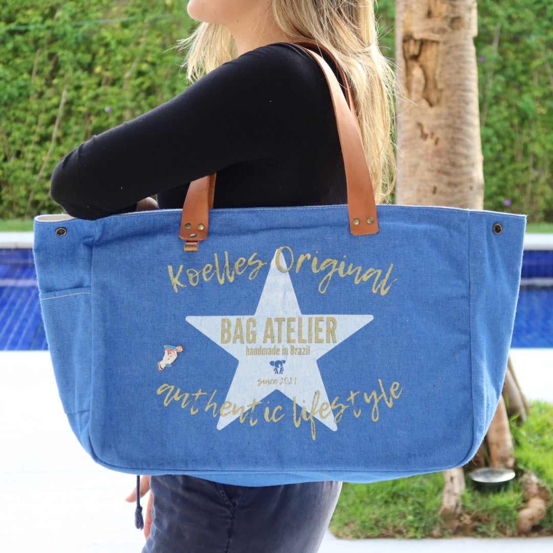 Bolsa Wallow Azul Port com Alça de Couro Caramelo com Zíper