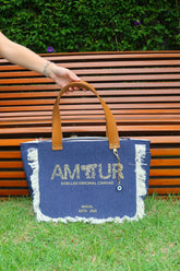 Bolsa Nuna Jeans com Alças de Couro Caramelo com Zíper