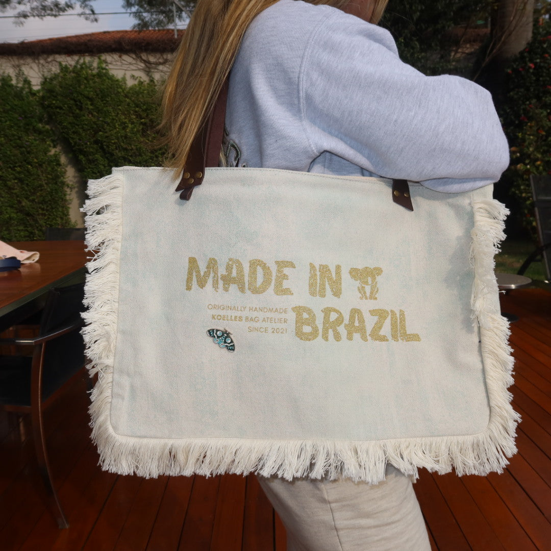 Bolsa Wallow Aqua com Alça de Couro Marrom Escuro com Zíper