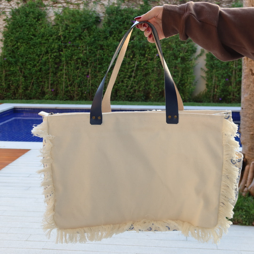 Bolsa Wallow Good Vibes Azul com Alça de Couro Off White e Marinho com Zíper