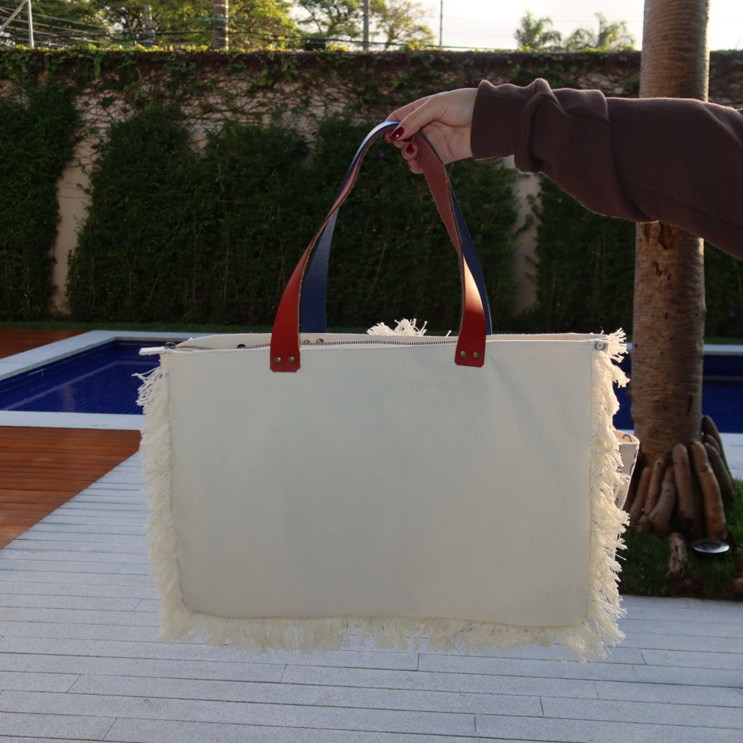 Bolsa Wallow Good Vibes Azul com Alça de Couro Azul e Vermelho com Zíper