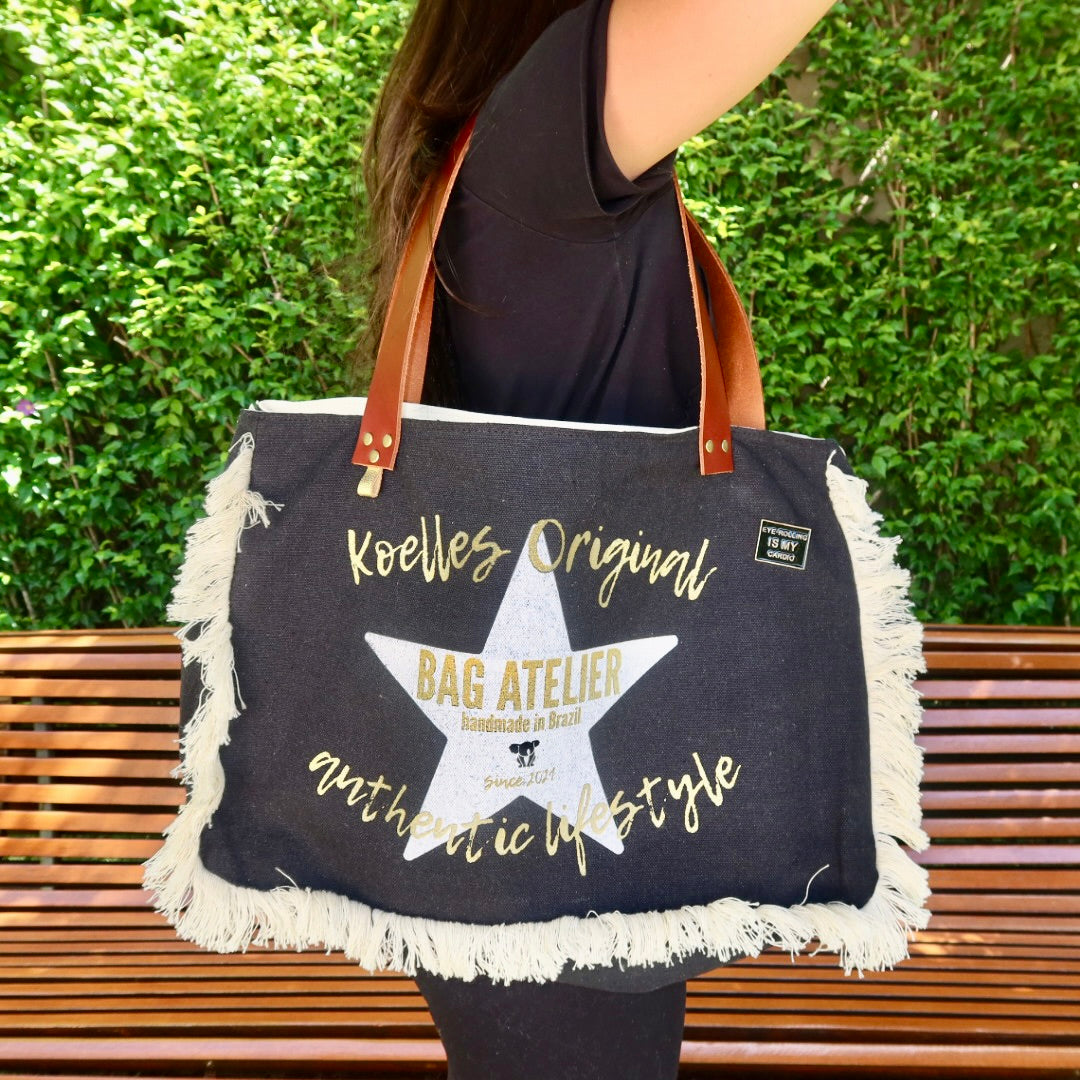 Bolsa Wallow Jeans Preto com Alça de Couro Marrom