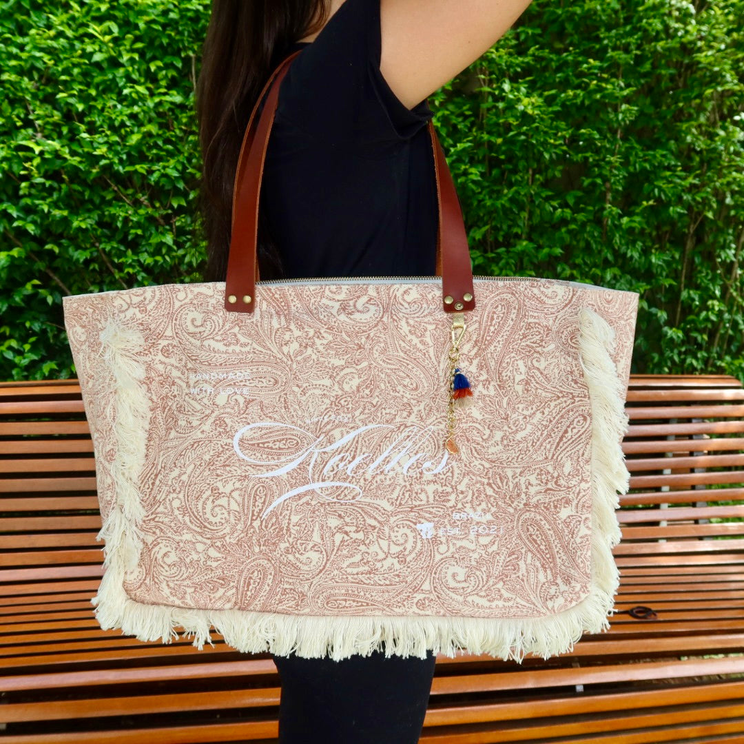 Bolsa Wallow Arabesque Terracota com Alça de Couro Marrom com Zíper