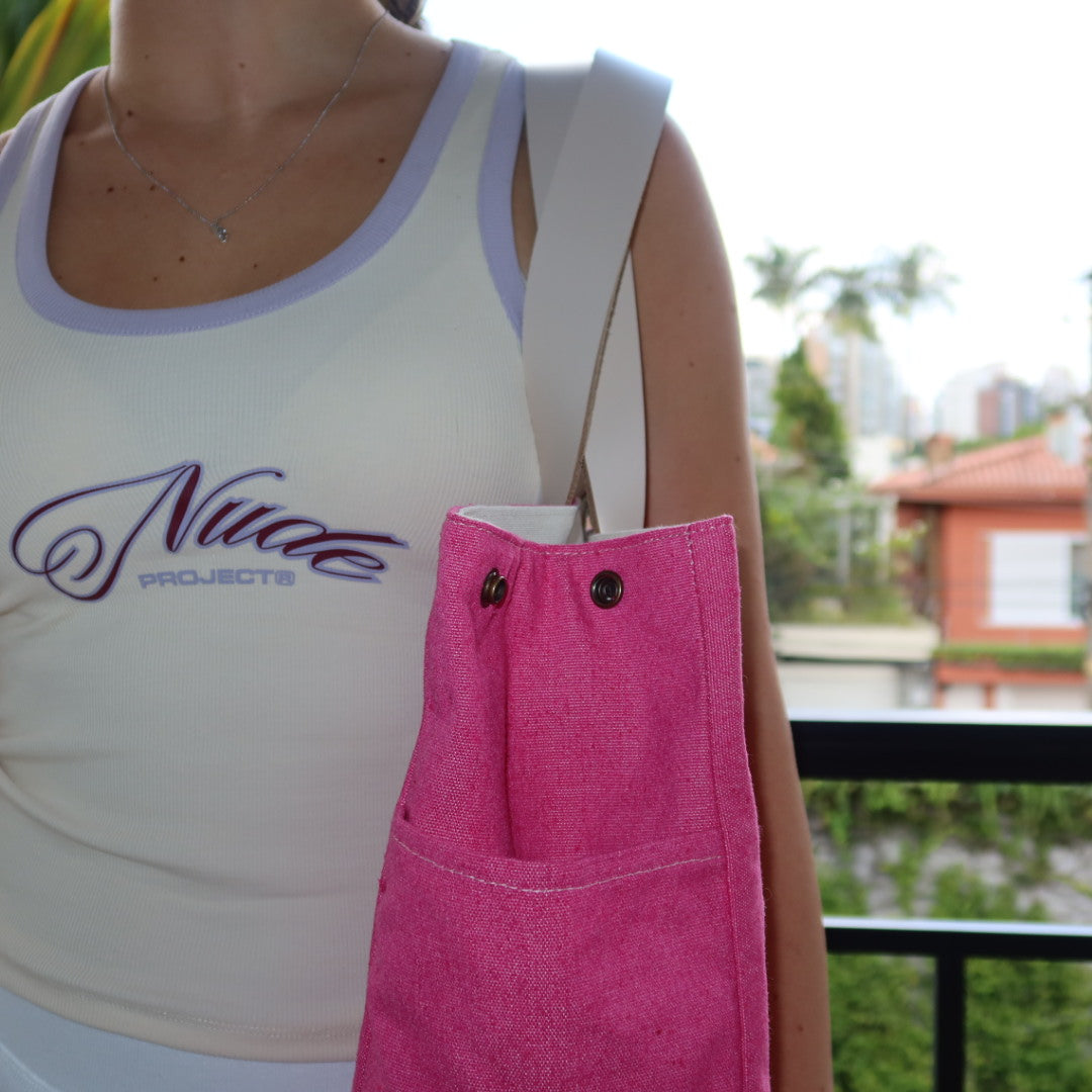 Bolsa Wallow Rosa Choque com Alça de Couro Off White