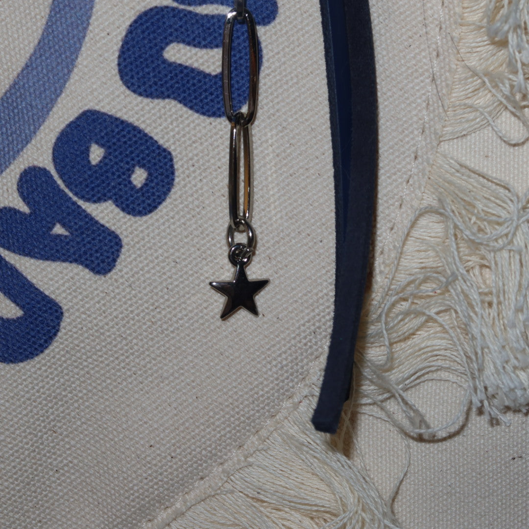 Bolsa Wallow Good Vibes Azul com Alça de Couro Off White com Zíper