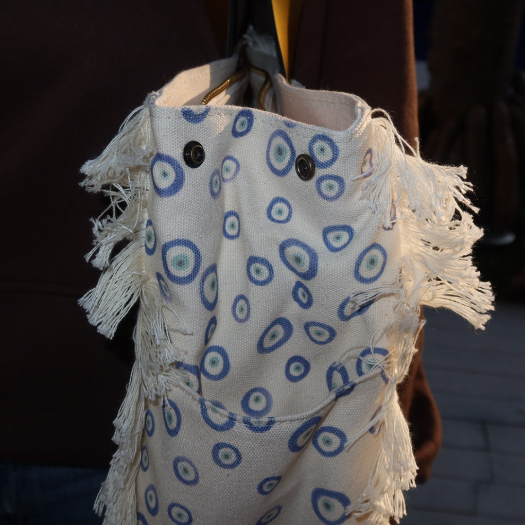 Bolsa Wallow Good Vibes Azul com Alça de Couro Dourado com Zíper