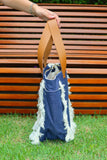 Bolsa Nuna Jeans com Alças de Couro Caramelo com Zíper