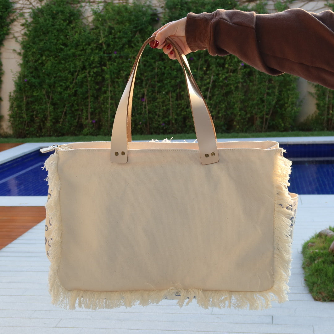 Bolsa Wallow Good Vibes Azul com Alça de Couro Off White com Zíper
