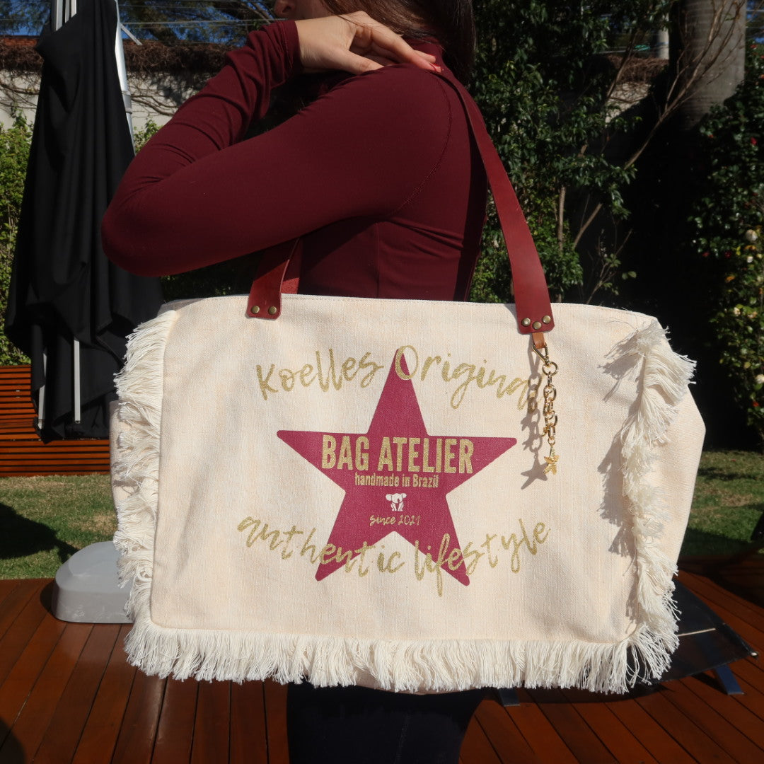 Bolsa Wallow Bege com Alça de Couro Vermelho com Zíper