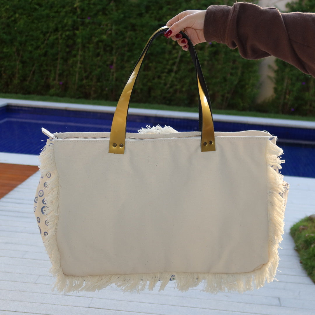 Bolsa Wallow Good Vibes Azul com Alça de Couro Dourado com Zíper