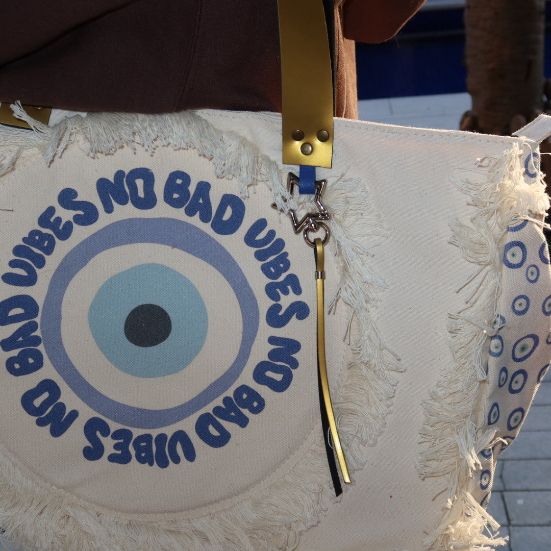 Bolsa Wallow Good Vibes Azul com Alça de Couro Dourado com Zíper