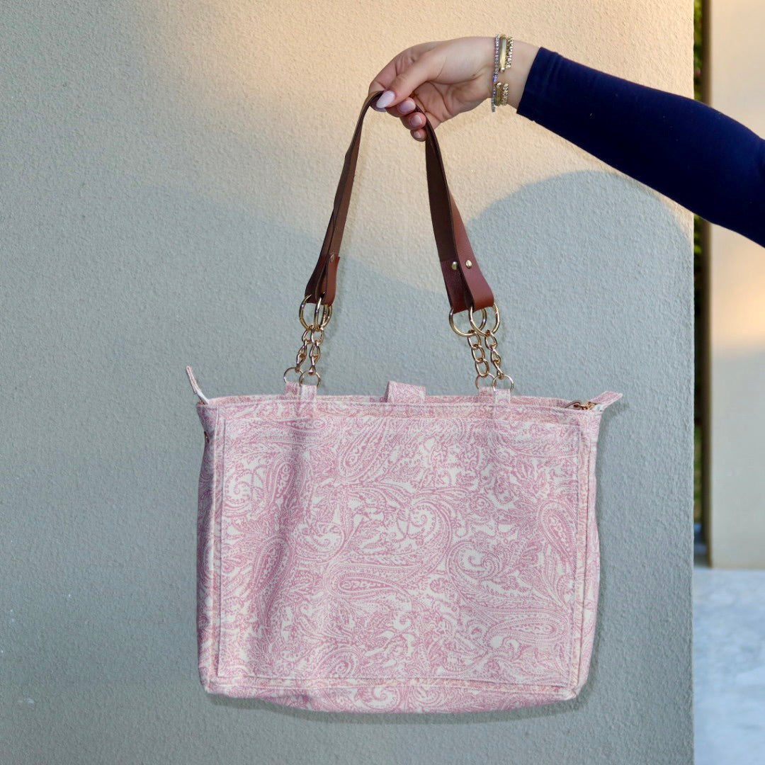 Bolsa Katrin Arabesque Rosa com Alças de Corrente e Couro Marrom