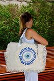 Bolsa Wallow Good Vibes Azul com Alça de Couro Prata com Zíper