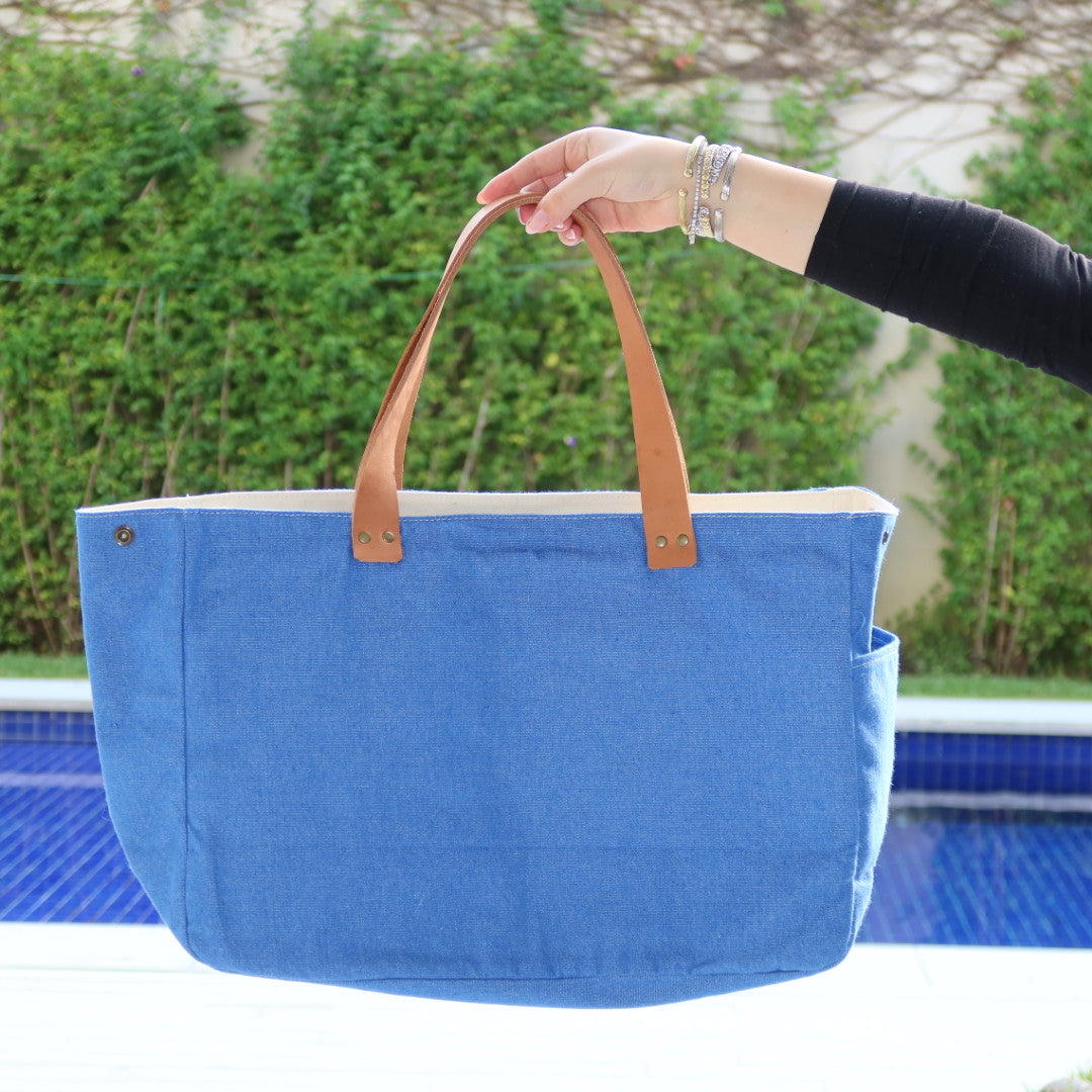 Bolsa Wallow Azul Port com Alça de Couro Caramelo com Zíper