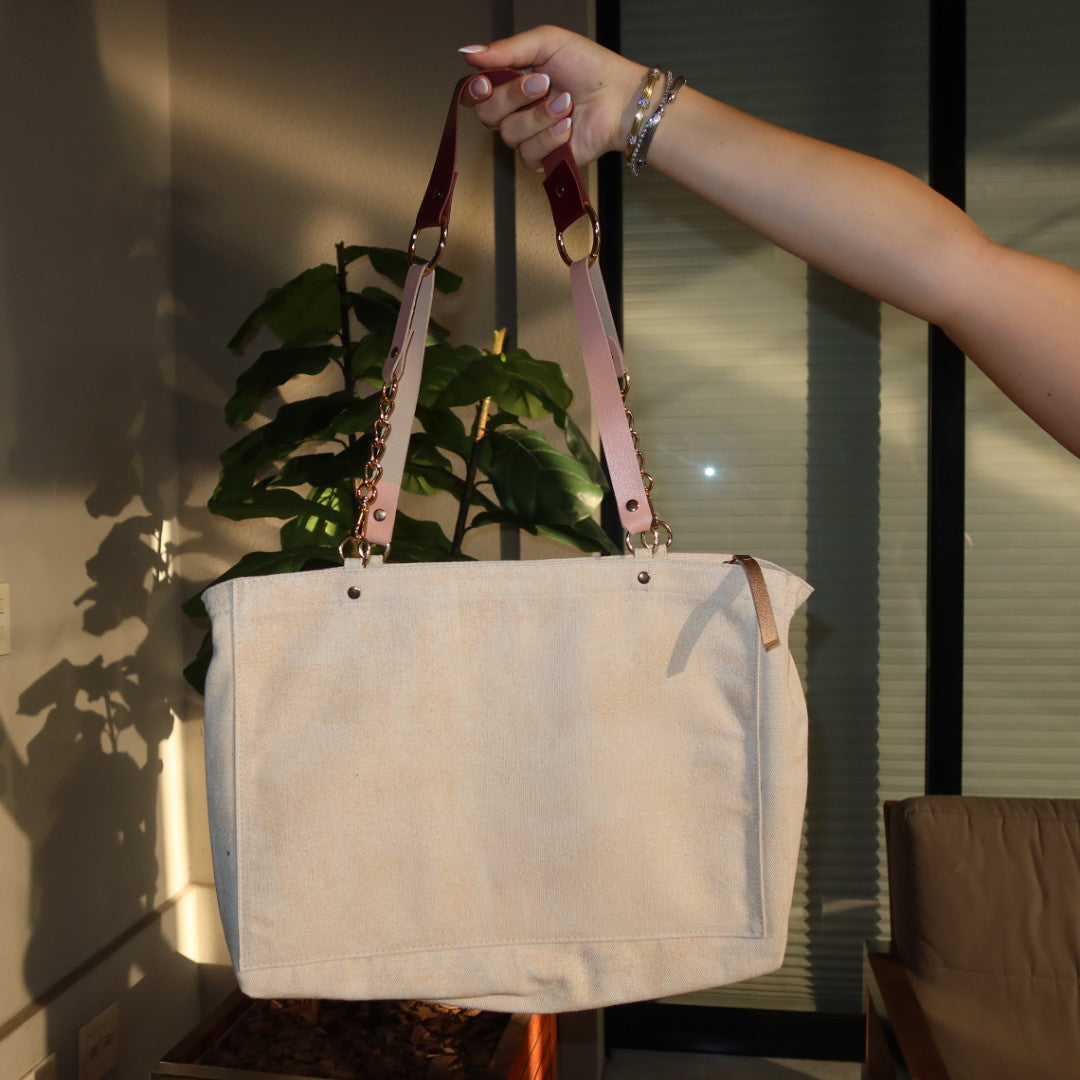 Bolsa Katrin Bege com Alças de Corrente e Couro Vinho e Rosa Claro